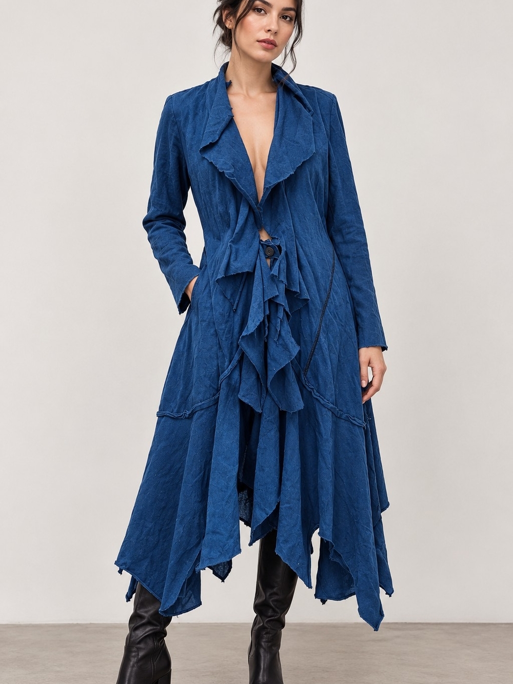 Blue Ruffled Long Sleeve Handkerchief Hem Jacket